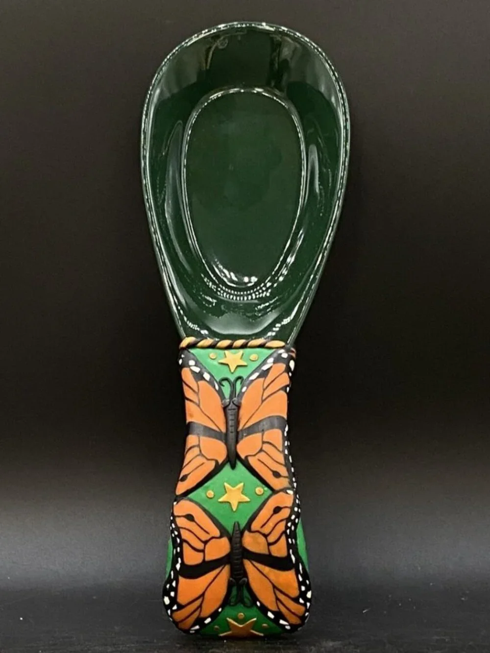 3D Butterfly & Stars Spoon Rest Ceramic & Silicone Handle 9” Green & Orange